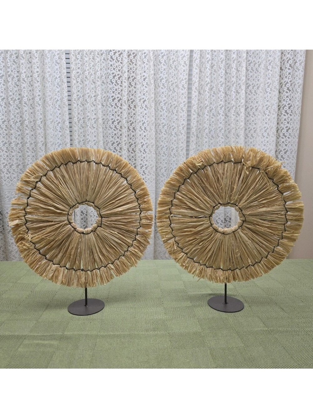 Set of 2 Raffia Sunburst Tabletop Sculpture Decor 14" Brown Metal Pedestal Base